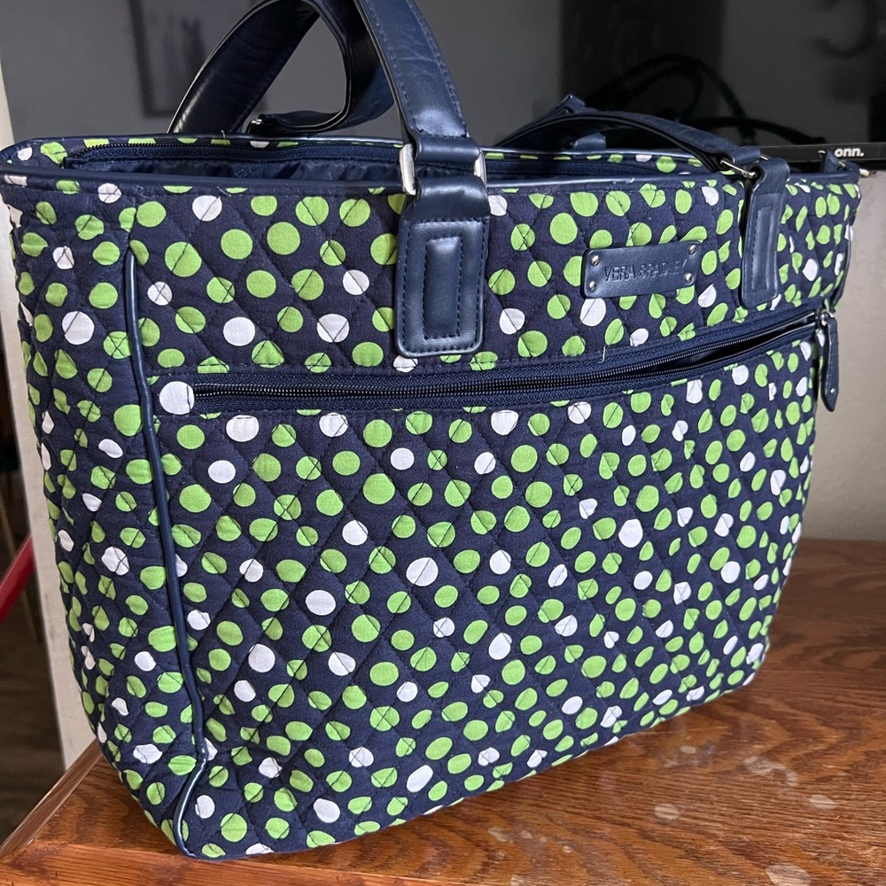 Vera Bradley Shoulder Tote Bag Blue Green White Polka dots Purse Laptop